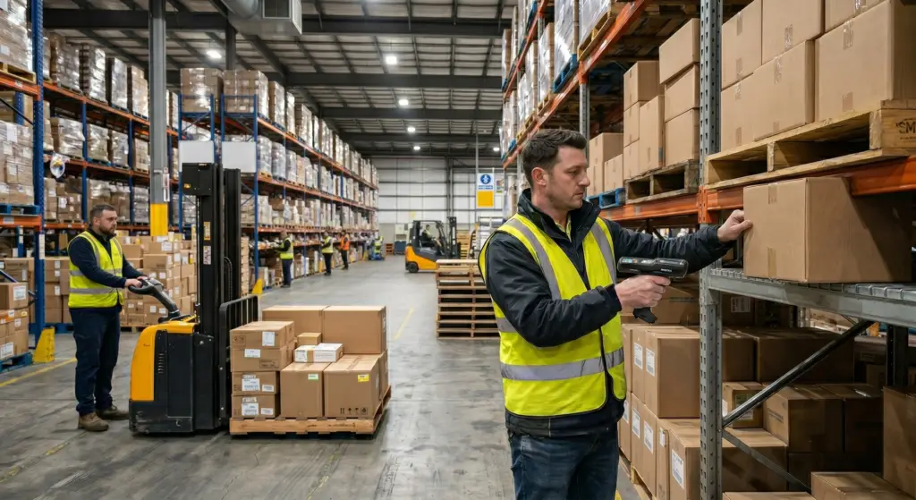 A warehouse worker scanning a cardboard box on a storage rack, with another employee operating a electric pallet jack in the background.